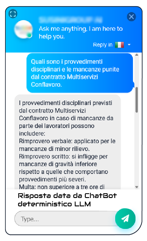 ChatBot deterministico LLM PROMIUM AI è stato sviluppato da un team di ricercatori e ottimizzato in base alla realizzazione e test di decine di AI. Più volte sulla base delle richieste dei clienti c’è stata la necessità di imporre risposte formulate in modo preciso e puntuale. Per ovviare alla eccessiva creatività dell’AI, è stato quindi implementato un chatbot deterministico LLM (Large Language Model), che a determinate richieste si sostituisce all’intelligenza artificiale ottimizzando la risposta.