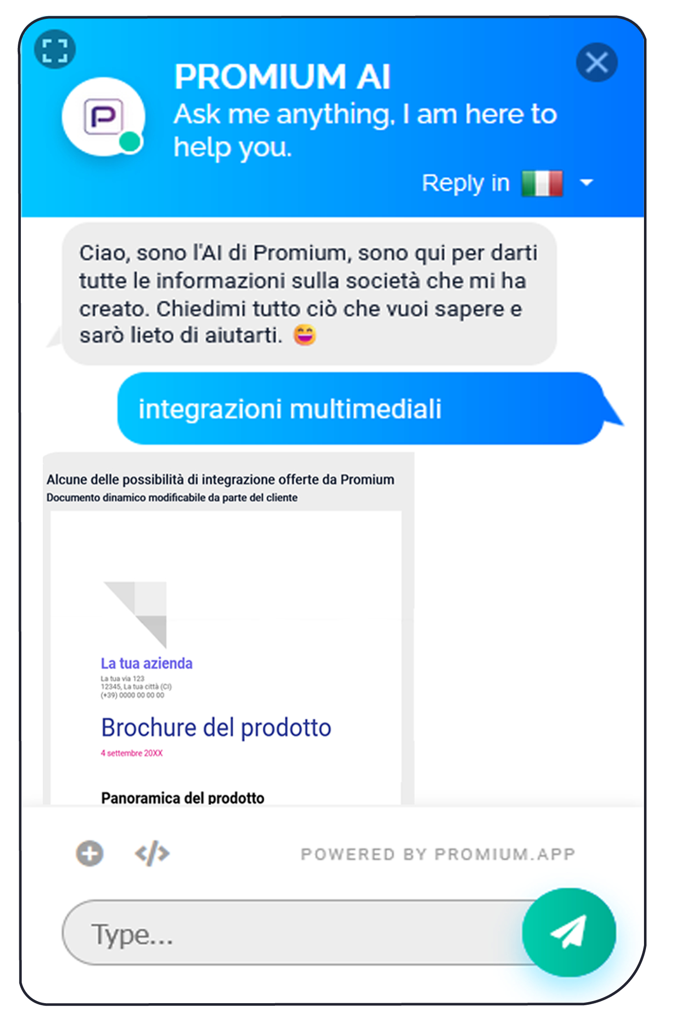 Visualizzazione su intelligenza artificiale file multimediali PROMIUM AI consente la richiesta e la pubblicazione di qualsiasi file multimediale, immagini, brochure, sondaggi, grafici ecc.. con la possibilità data dalle caratteristiche dell’ intelligenza artificiale, di andare a leggere all’interno dei documenti, permettendo la selezione su base qualitativa dei file.