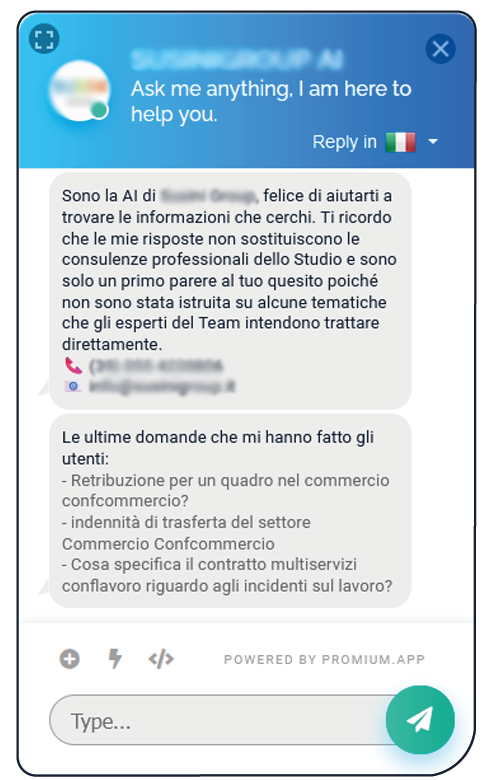 Domande in evidenza PROMIUM AI è un sistema innovativo, per la maggior parte degli utenti potrebbe non essere immediata la comprensione della formulazione delle domande. PROMIUM AI ha implementato, un sistema di evidenzazione delle ultime domande (ben formulate) presenti nel database.