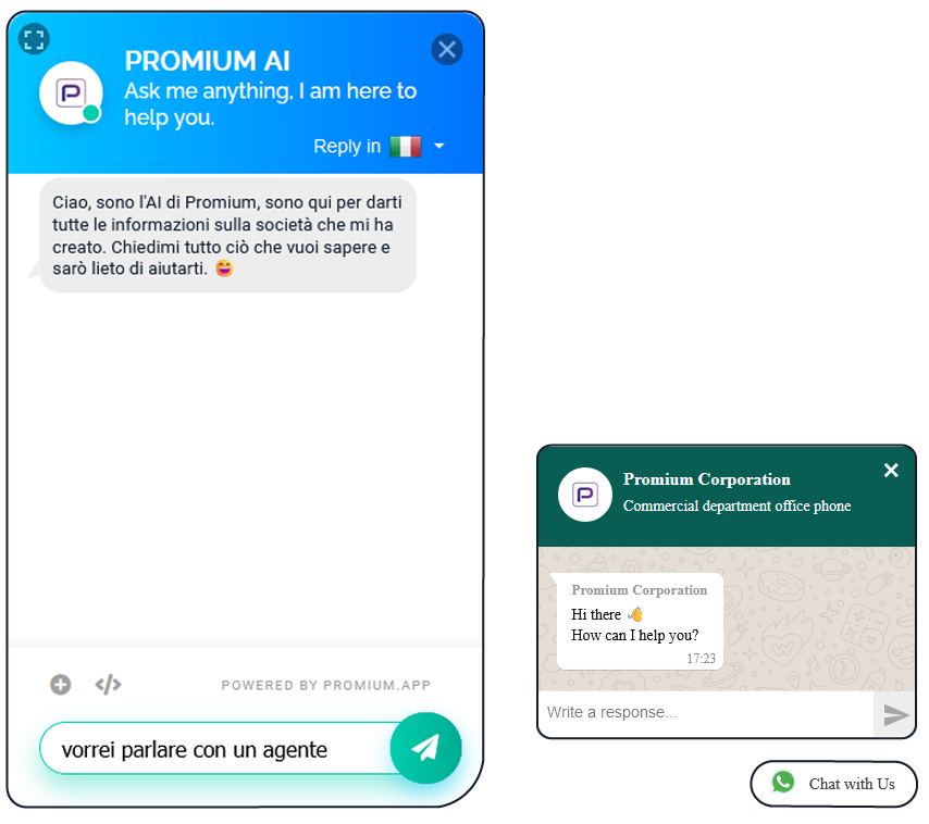 Collegamento a What’s App o altre app di messaggistica PROMIUM AI consente agli utenti di interpellare l’intelligenza artificiale dell’azienda nel miglior modo possibile. Al termine della sessione, l’utente ha la possibilità di chiedere di parlare con un umano. Il sistema è stato implementato per connettere direttamente con What’s App o altri sistemi di messaggistica l’utente all’azienda.