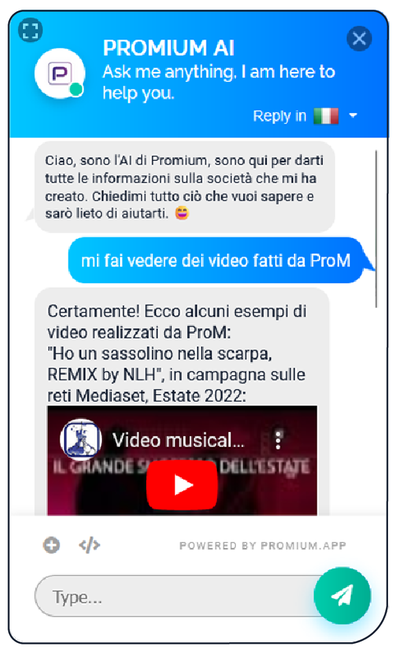 Visualizzazione e Riproduzione video PROMIUM AI consente la selezione di video in locale, su YouTube e da qualsiasi altra fonte. La caratteristica rivoluzionaria è la possibilità per l’intelligenza artificiale sia dell’analisi delle descrizioni dei video che dei dialoghi contenuti nei filmati, consentendo cosi la proposizione dei file attraverso ricerche rispetto sia alle didascalie che ai testi contenuti all’interno dei video.