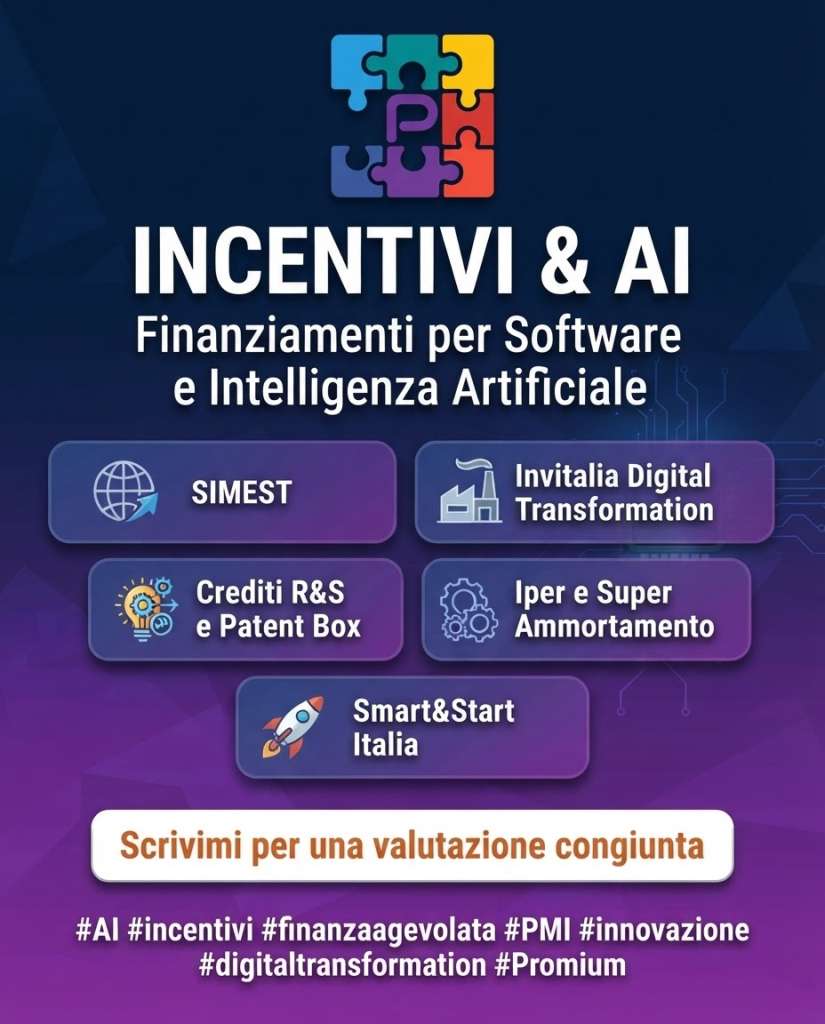 INCENTIVIPROMIUM → PROMIUM Poster promozionale in italiano su incentivi AI e finanziamenti per software, con sei blocchi colorati dei partner e una call-to-action Scrivimi per una valutazione congiunta.