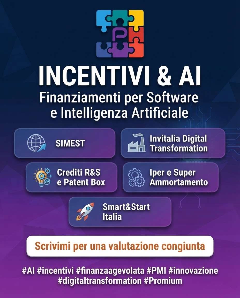 Poster promozionale in italiano su incentivi AI e finanziamenti per software, con sei blocchi colorati dei partner e una call-to-action Scrivimi per una valutazione congiunta.